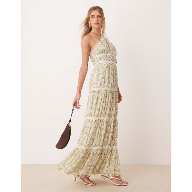 asos edition floral embroidered halter prom midi dress ASOS DESIGN halter maxi dress with embroidery trim in ditsy floral print