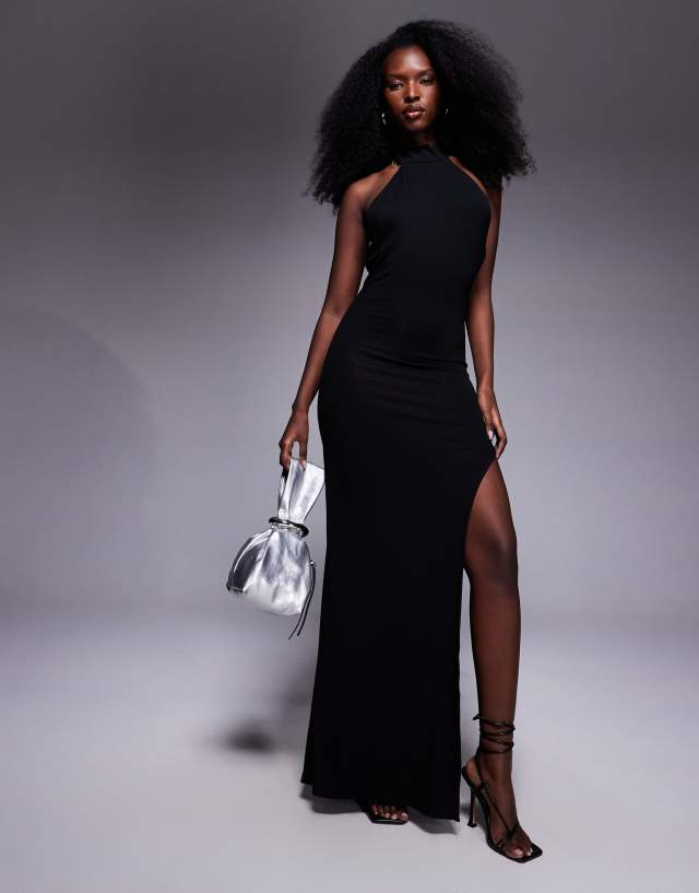 ASOS DESIGN halter maxi dress with extreme thigh slit in black