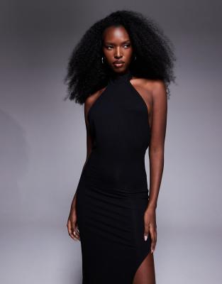 Asos Design Halter Maxi Dress With Extreme Thigh Slit In Black