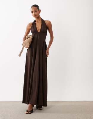 Asos Design Halter Maxi Dress With Gathered Sides In Brown