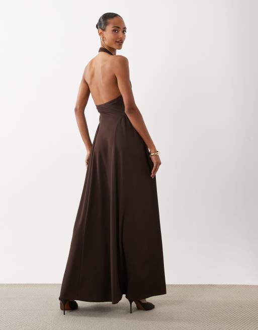 ASOS DESIGN halter maxi dress with gathered sides in chocolate, 4 of 4
