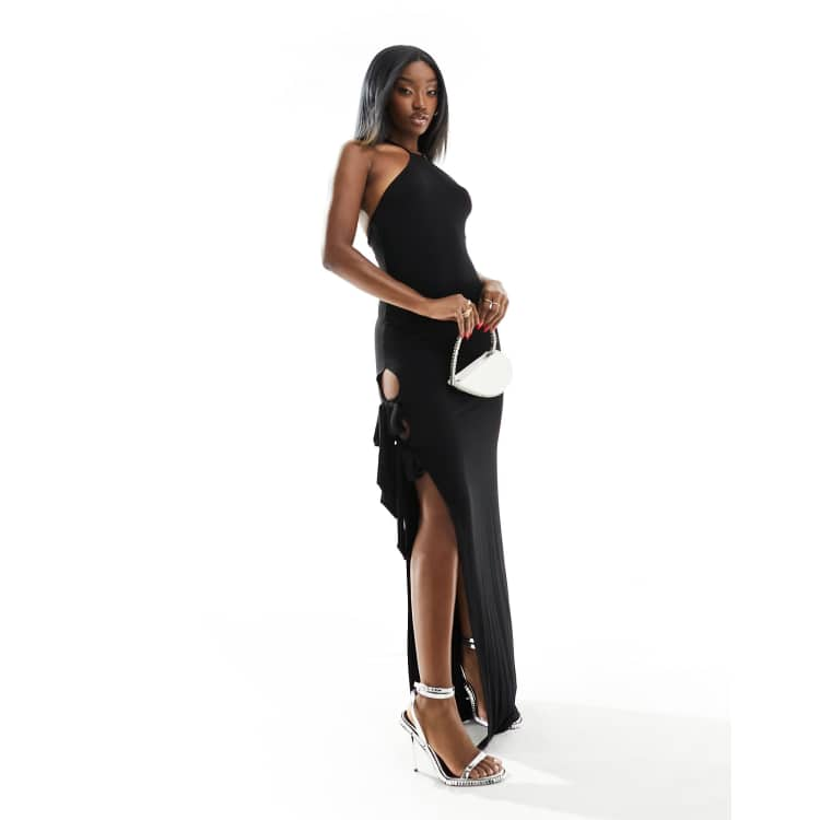 One shoulder tie waist hot sale high slit maxi dress