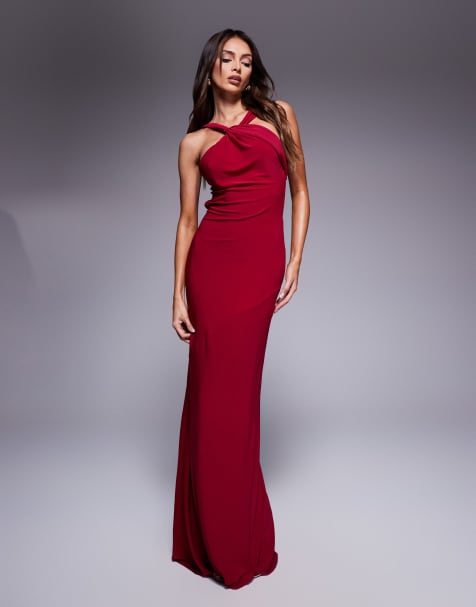 ASOS DESIGN halter maxi dress with knotted back trim detail in red - view 1