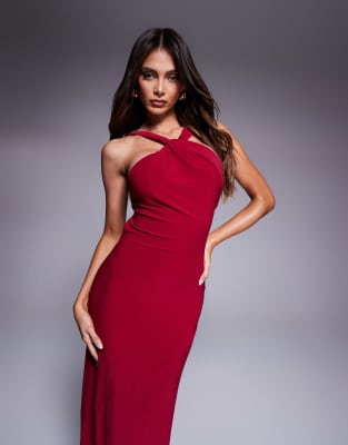 Asos Design Trimmed Halterneck Maxi Dress With Twisted Back Detail In Pink