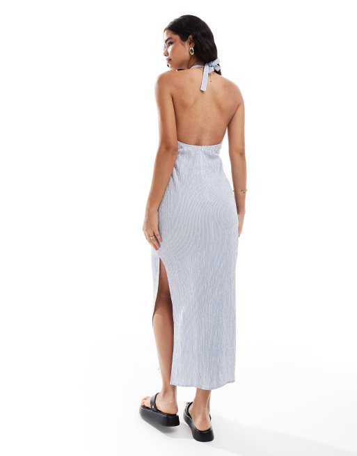ASOS DESIGN halter maxi dress with low back in blue stripe | ASOS