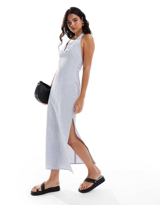 ASOS DESIGN halter maxi dress with low back in blue stripe | ASOS