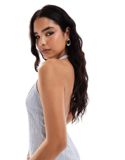ASOS DESIGN halter maxi dress with low back in blue stripe | ASOS