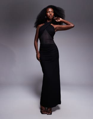 Asos Design Halter Maxi Dress With Mesh Panel In Black