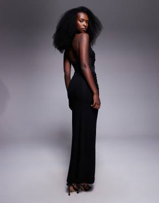 Asos Design Halter Maxi Dress With Mesh Panel In Black