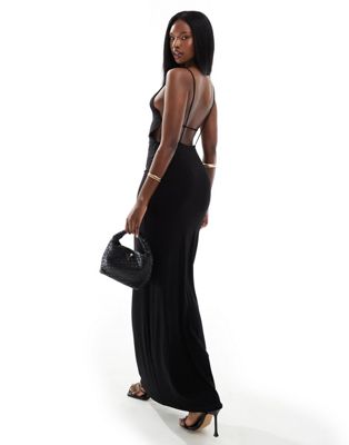 halter maxi dress with plunge back and strapping detail in black