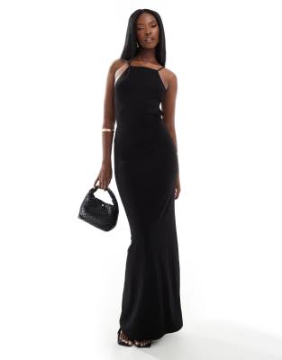 ASOS DESIGN halter maxi dress with plunge back and strapping detail in black  | ASOS