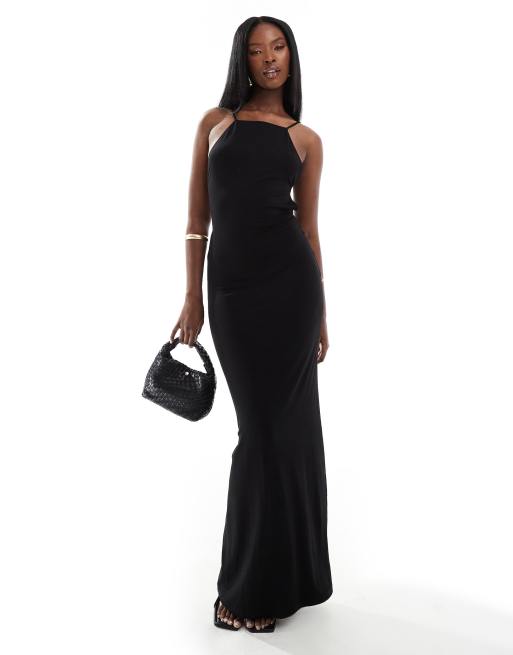 ASOS DESIGN halter maxi dress with plunge back and strapping detail in black