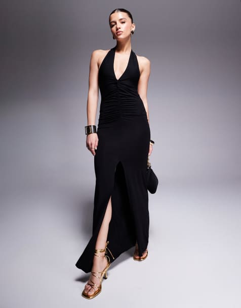 ASOS DESIGN halter maxi dress with ruched twist detail in black - view 1