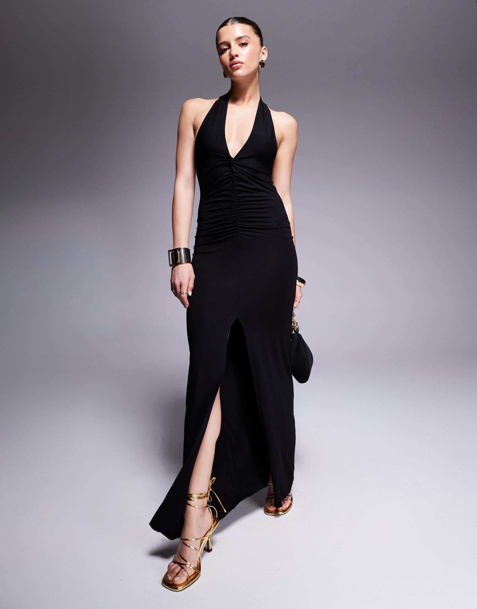 asos design halter maxi dress with ruched twist detail in black