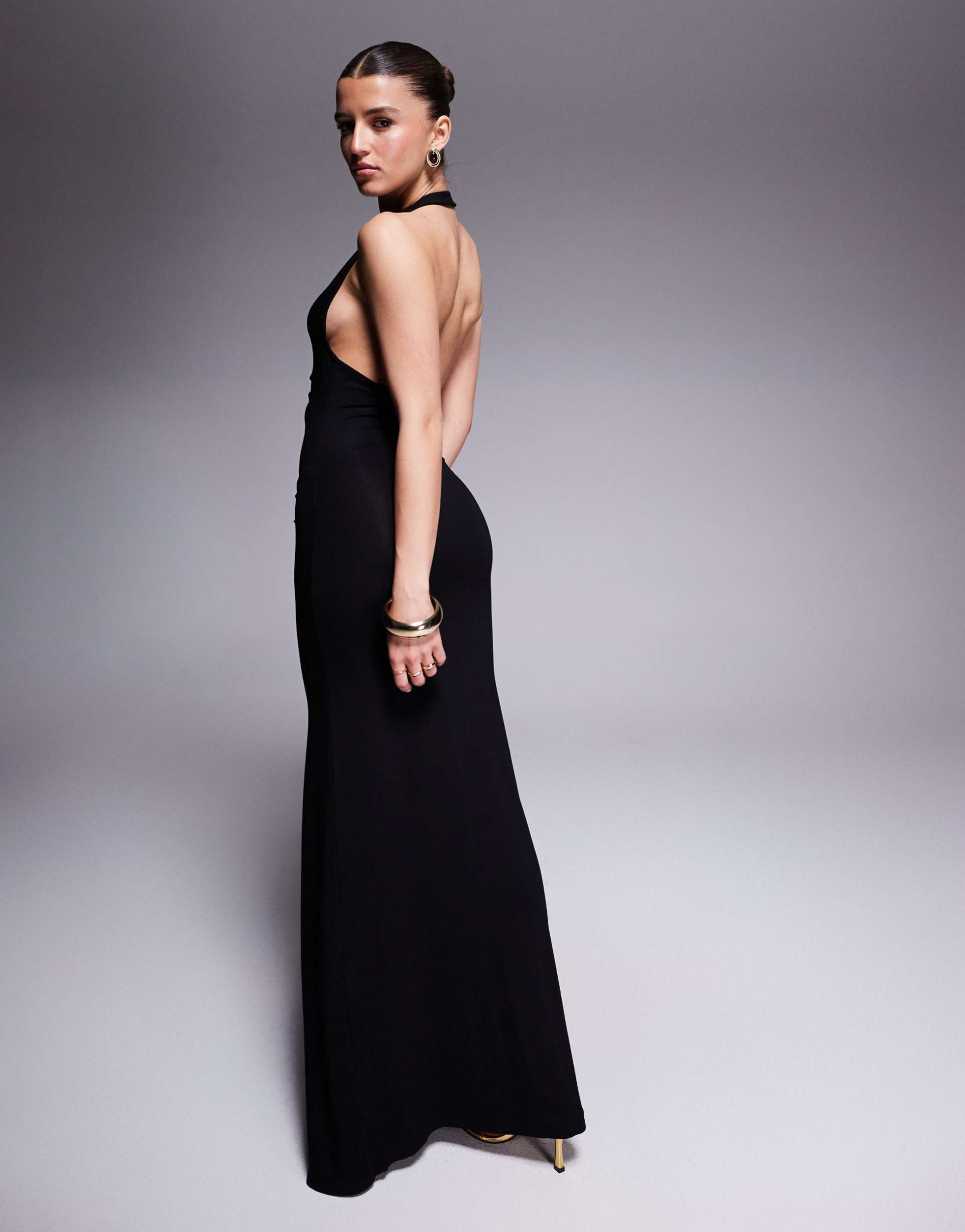 asos design halter maxi dress with ruched twist detail in black