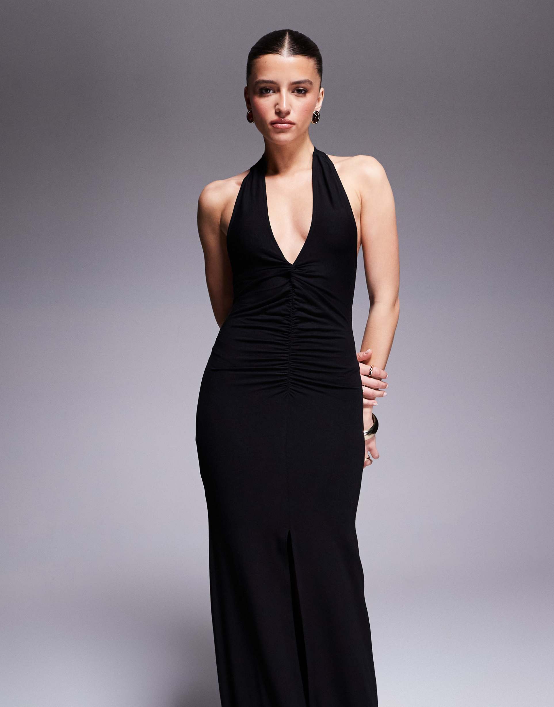 asos design halter maxi dress with ruched twist detail in black