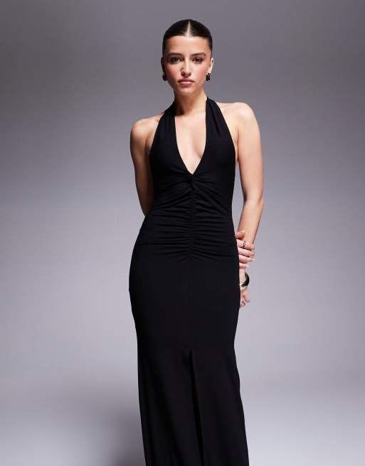 ASOS DESIGN halter maxi dress with ruched twist detail in black