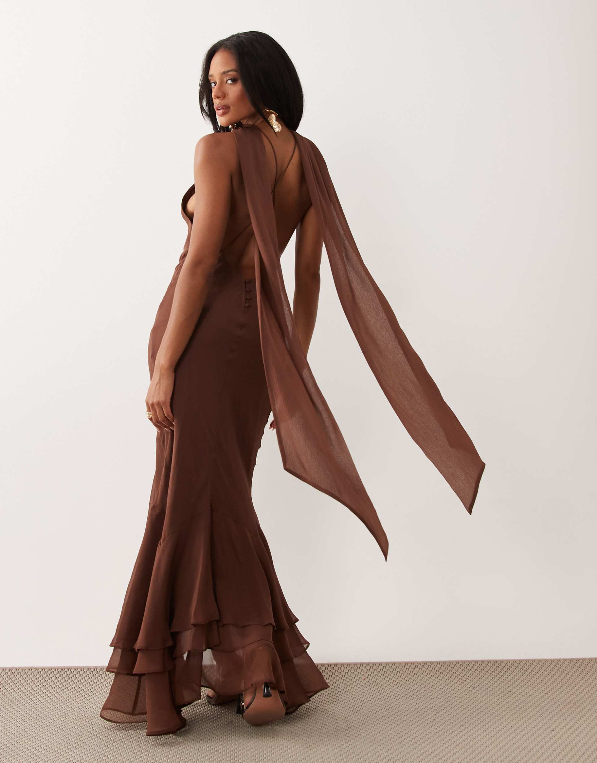 asos design halter maxi dress with scarf detail and ruffle hem in bitter chocolate
