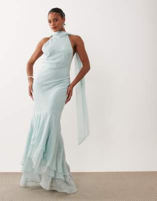 ASOS DESIGN halter maxi dress with scarf detail and ruffle hem in blue