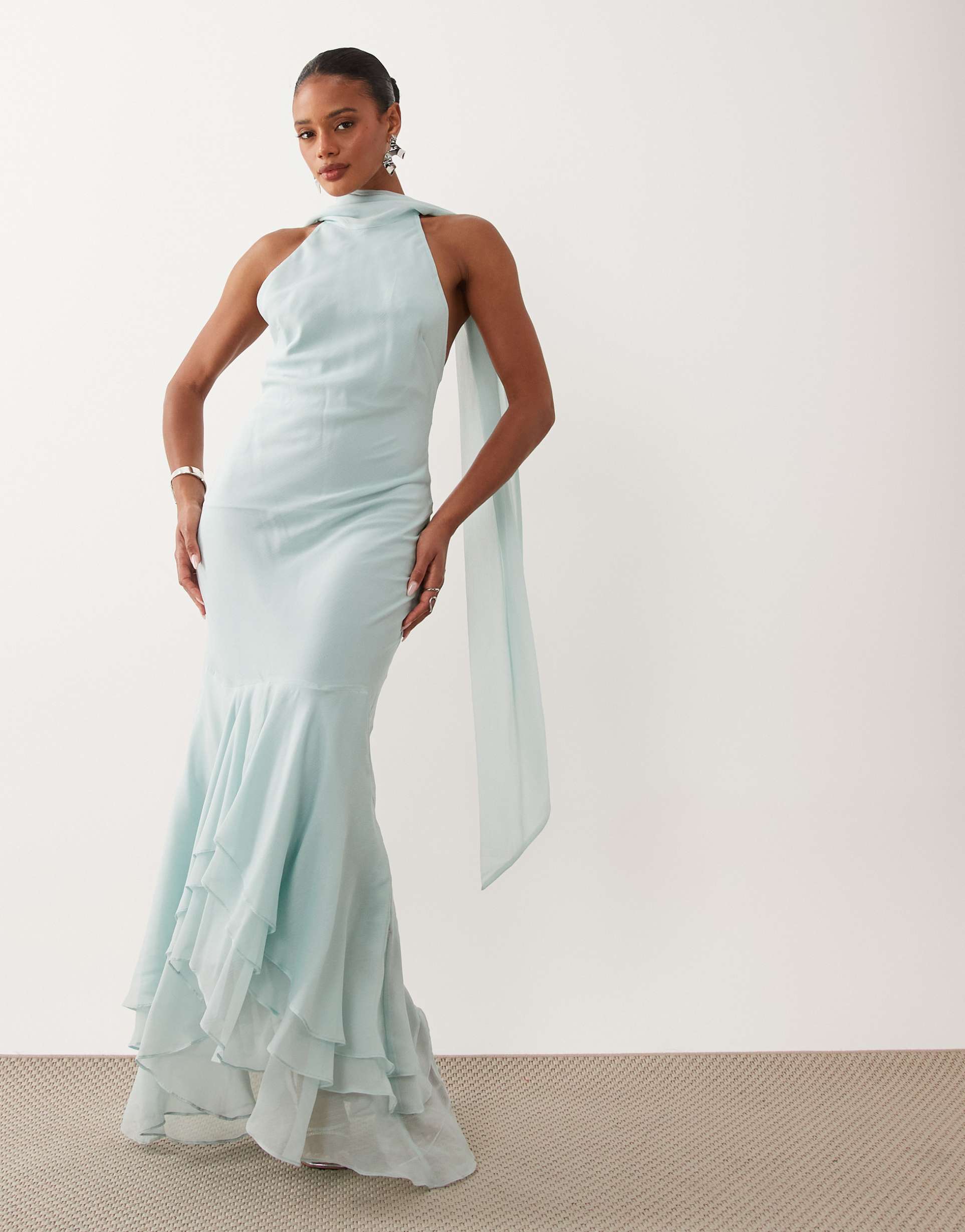 asos design halter maxi dress with scarf detail and ruffle hem in blue