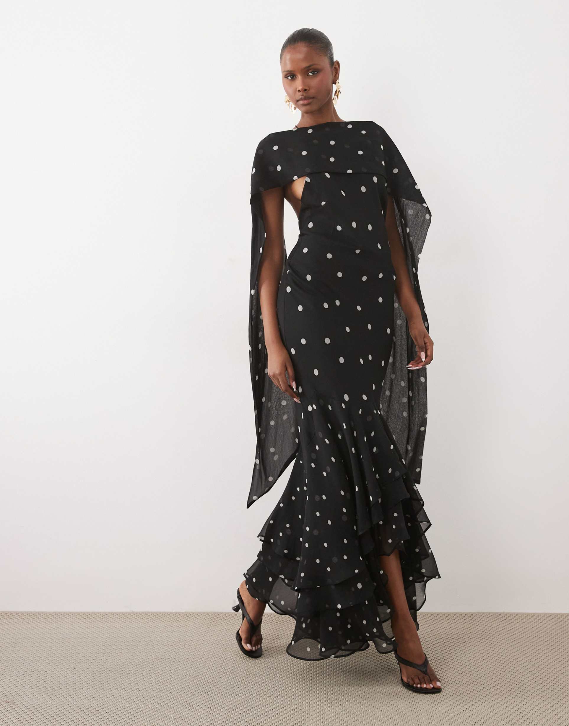 asos design halter maxi dress with scarf detail and ruffle hem in dot print