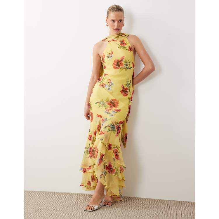 ASOS DESIGN halter maxi dress with scarf detail and ruffle hem in yellow &  pink floral | ASOS