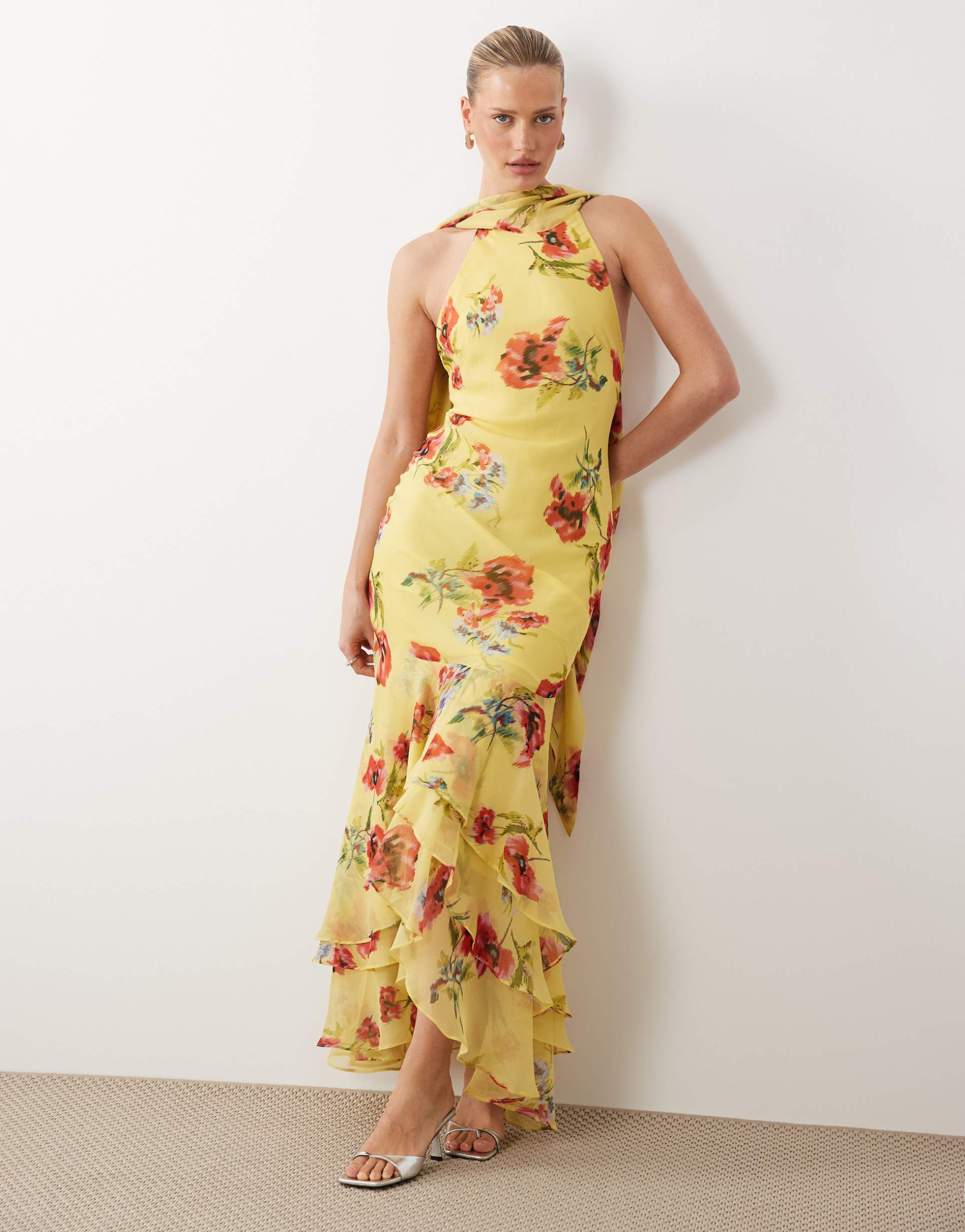 asos design halter maxi dress with scarf detail and ruffle hem in yellow & pink floral