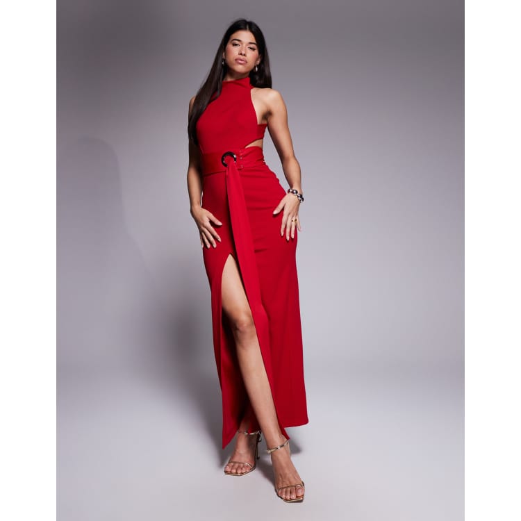keep it interesting red asymmetrical cutout halter maxi dress Kalina Premium Jersey Asymmetric Cut Out Maxi Dress in Scarlet Red main image 0