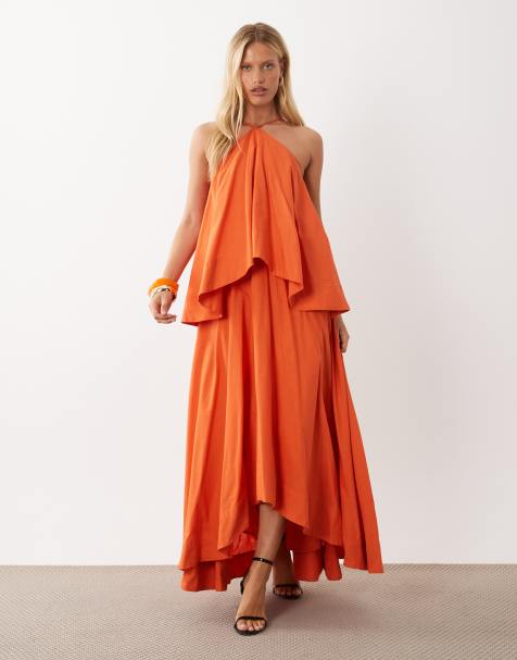 ASOS DESIGN halter maxi jurk met volume, dubbele laag en open rug in oranje - view 1