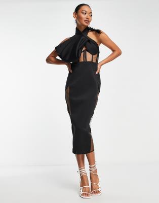 Asos Design Halter Mesh Insert Corset Corsage Midi Pencil Dress In Black