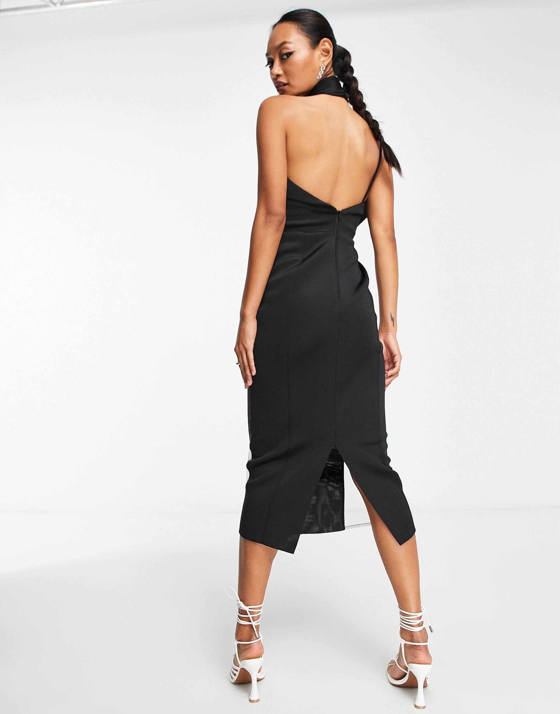 asos design halter mesh insert corset corsage midi pencil dress in black