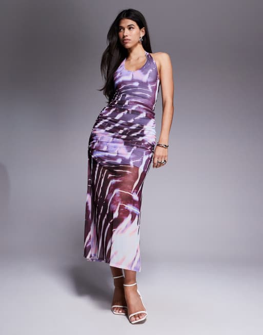 ASOS DESIGN halter mesh maxi dress with ruching in abstract zebra print