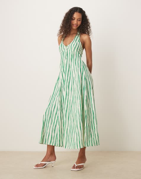 ASOS DESIGN halter midaxi dress with godet hem in green stripe - view 1