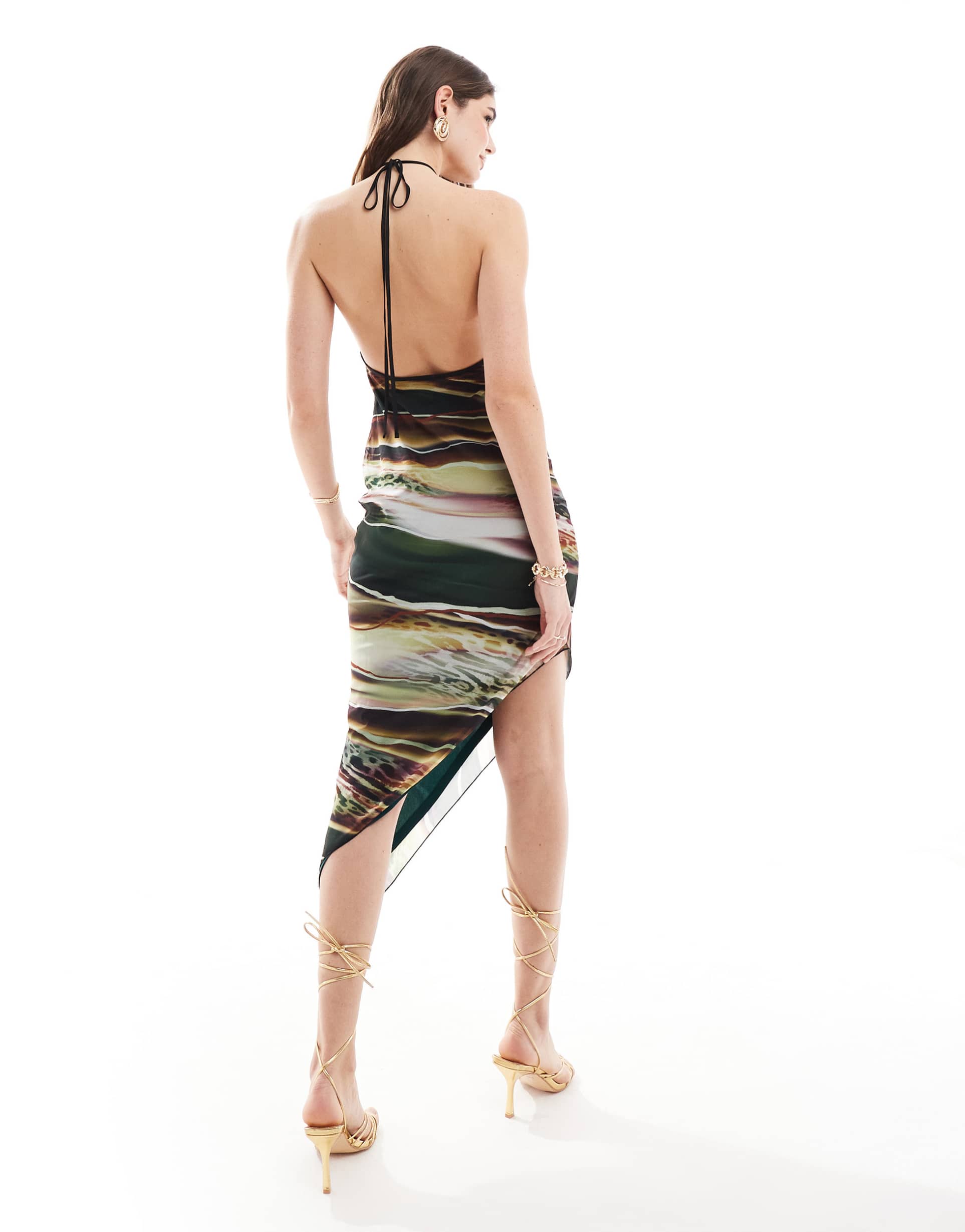 asos design halter midi dress with asymmetric hem in mixed animal print