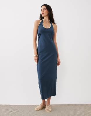 Asos Design Halter Midi Dress With Buttermilk Contrast Trim In Blue