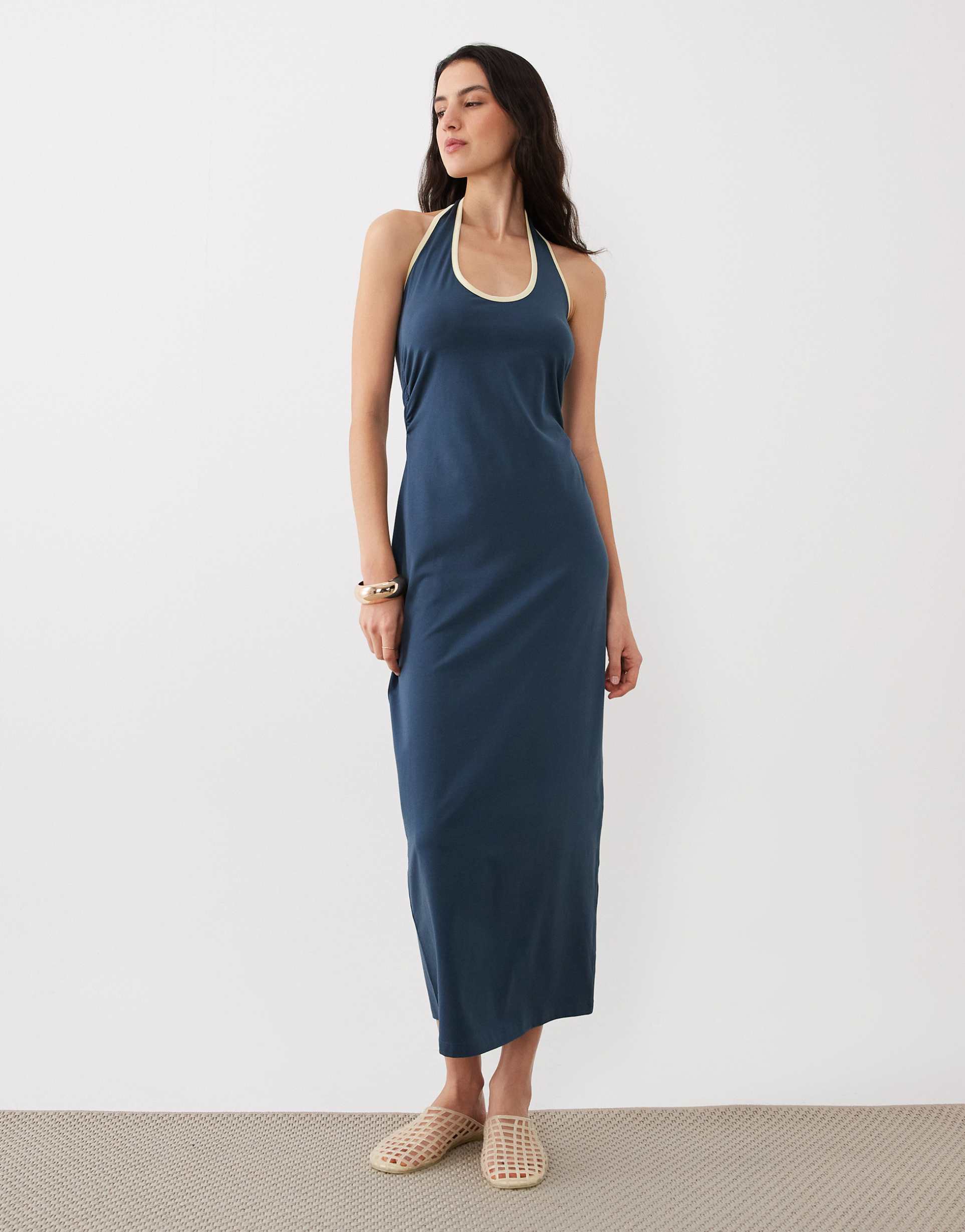 asos design halter midi dress with buttermilk contrast trim in navy
