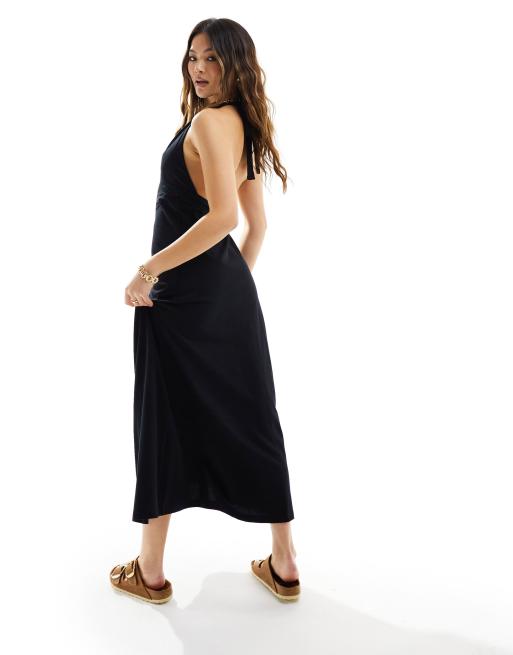 ASOS DESIGN halter midi dress with button front in black | ASOS