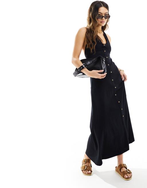 ASOS DESIGN halter midi dress with button front in black | ASOS