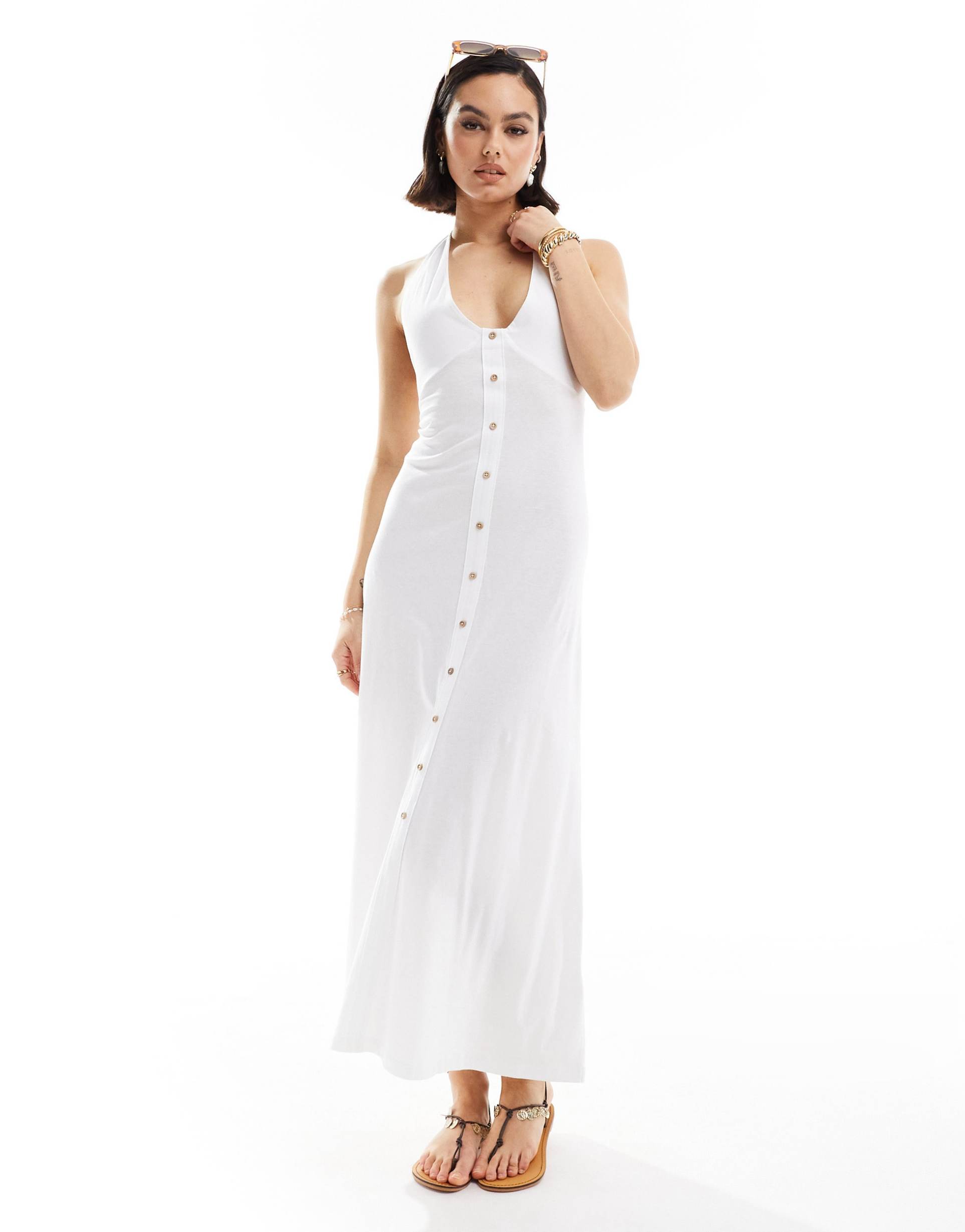 asos design halter midi dress with button front in white