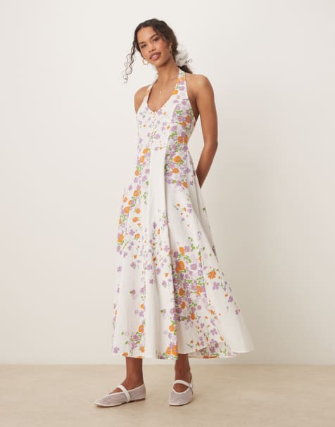 ASOS DESIGN halter midi dress with godet hem in floral print - view 1
