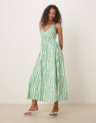 ASOS DESIGN halter midi dress with godet hem in green stripe - view 1