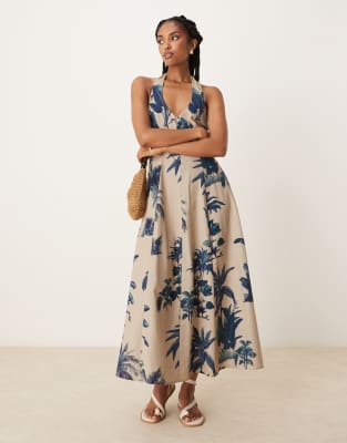 ASOS DESIGN halter midi dress with godet hem in palm print-Multi