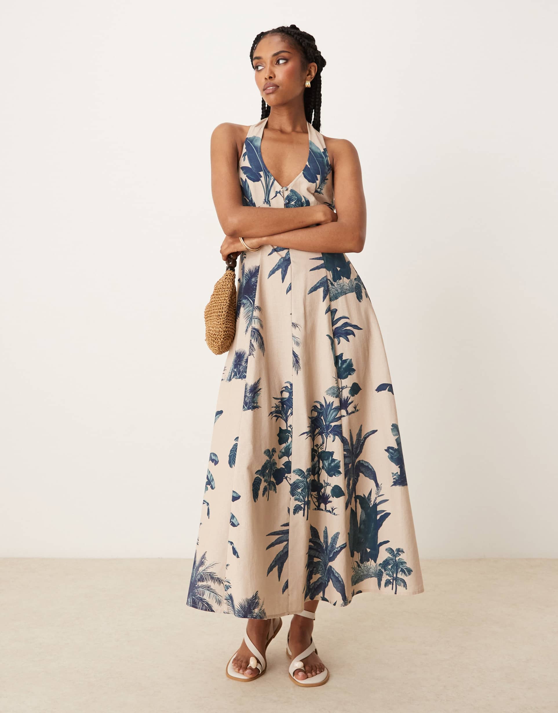 asos design halter midi dress with godet hem in palm print