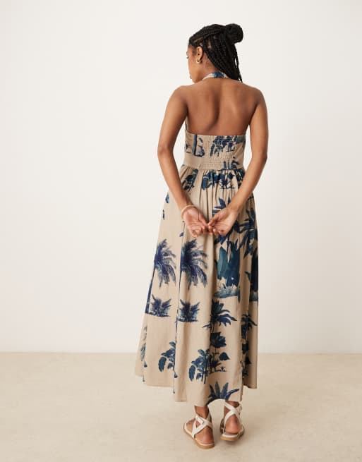 ASOS DESIGN halter midi dress with godet hem in palm print