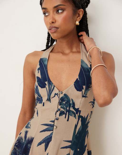 ASOS DESIGN halter midi dress with godet hem in palm print