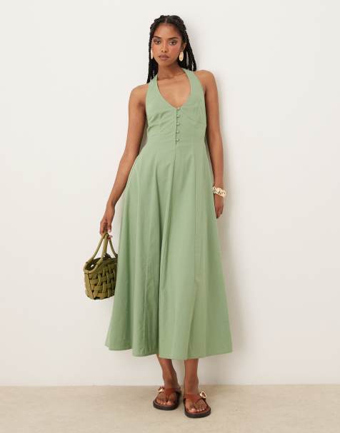 ASOS DESIGN halter midi dress with godet hem in pistachio - view 1