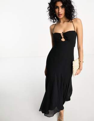 Asos Design Halter Midi Dress With Stone Buckle Detail In Black-green In Green