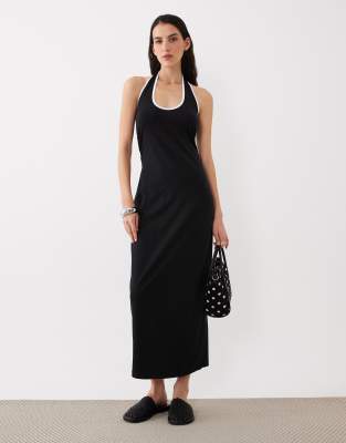 Asos Design Halter Midi Dress With White Contrast Trim In Black