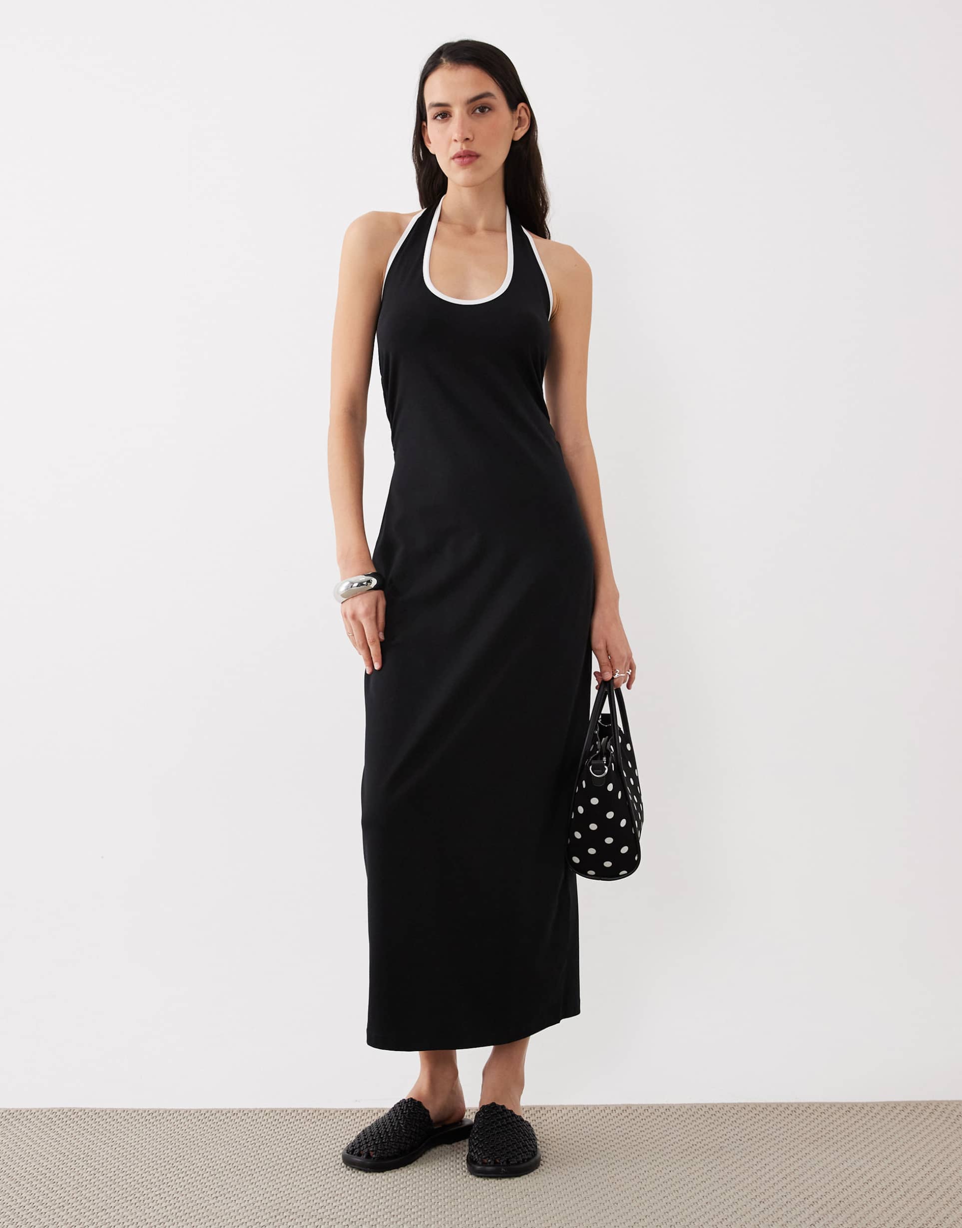 asos design halter midi dress with white contrast trim in black