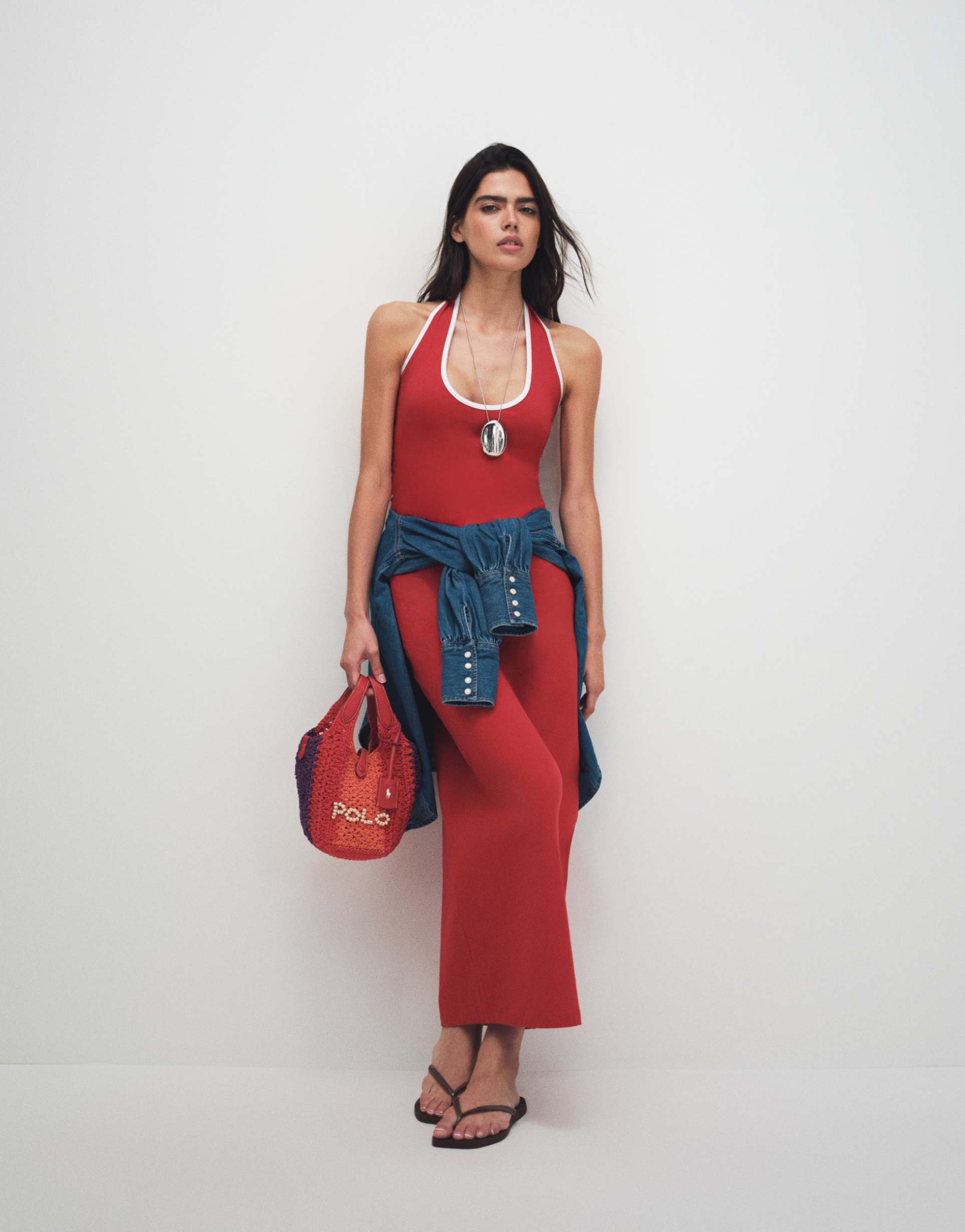 asos design halter midi dress with white contrast trim in red